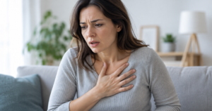 Mujer con taquicardia y palpitaciones en el pecho, síntoma poco conocido del síndrome vestibular