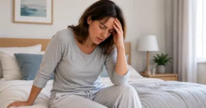 Mujer sentada en la cama tomándose la cabeza