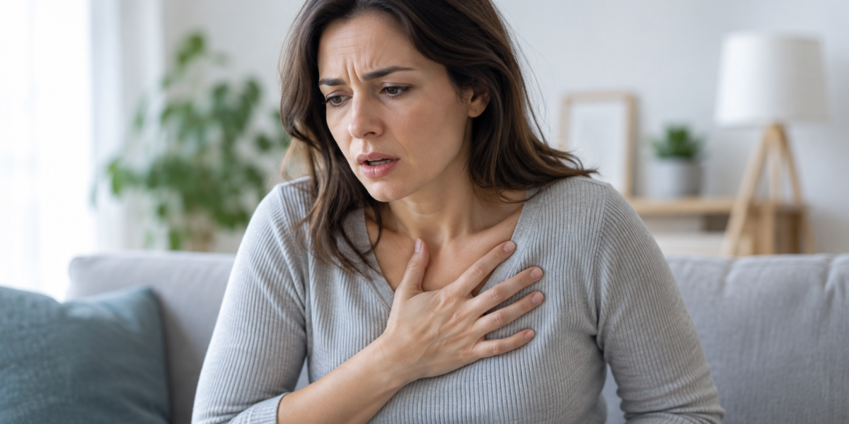 Mujer con taquicardia y palpitaciones en el pecho, síntoma poco conocido del síndrome vestibular