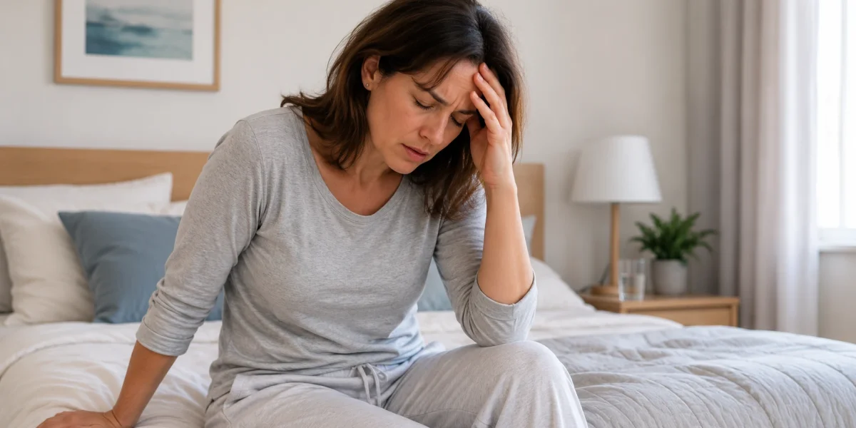 Mujer sentada en la cama tomándose la cabeza